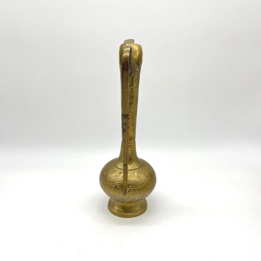 Vintage World Gift India Hand Etched Brass Pitcher Vase Floral Design 10.5
